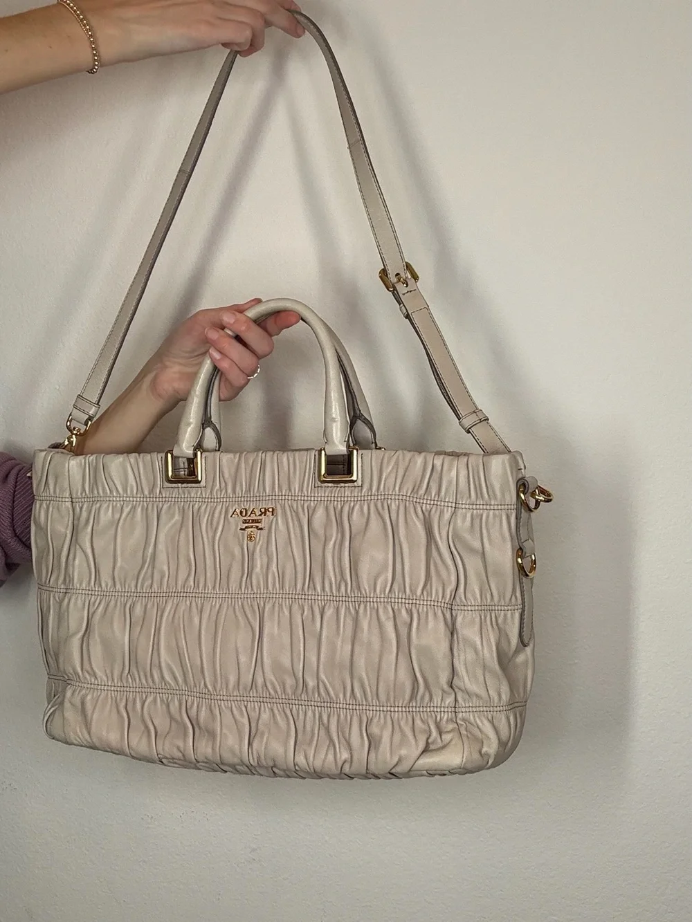 Prada Cream Ruched Leather Tote with Gold Hardware